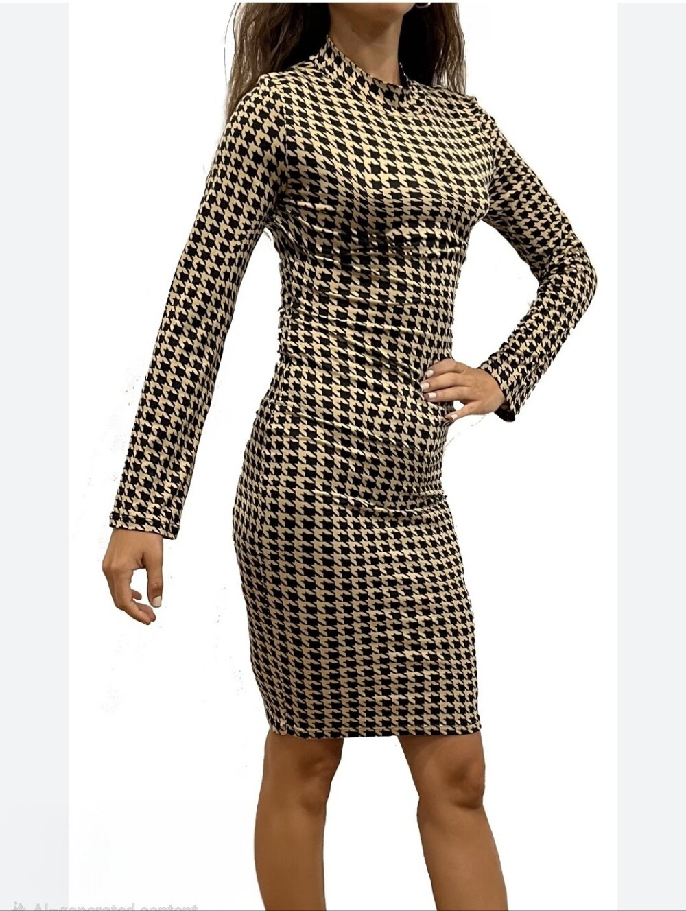 Long-Sleeve Houndstooth Bodycon Dress in Black & Tan